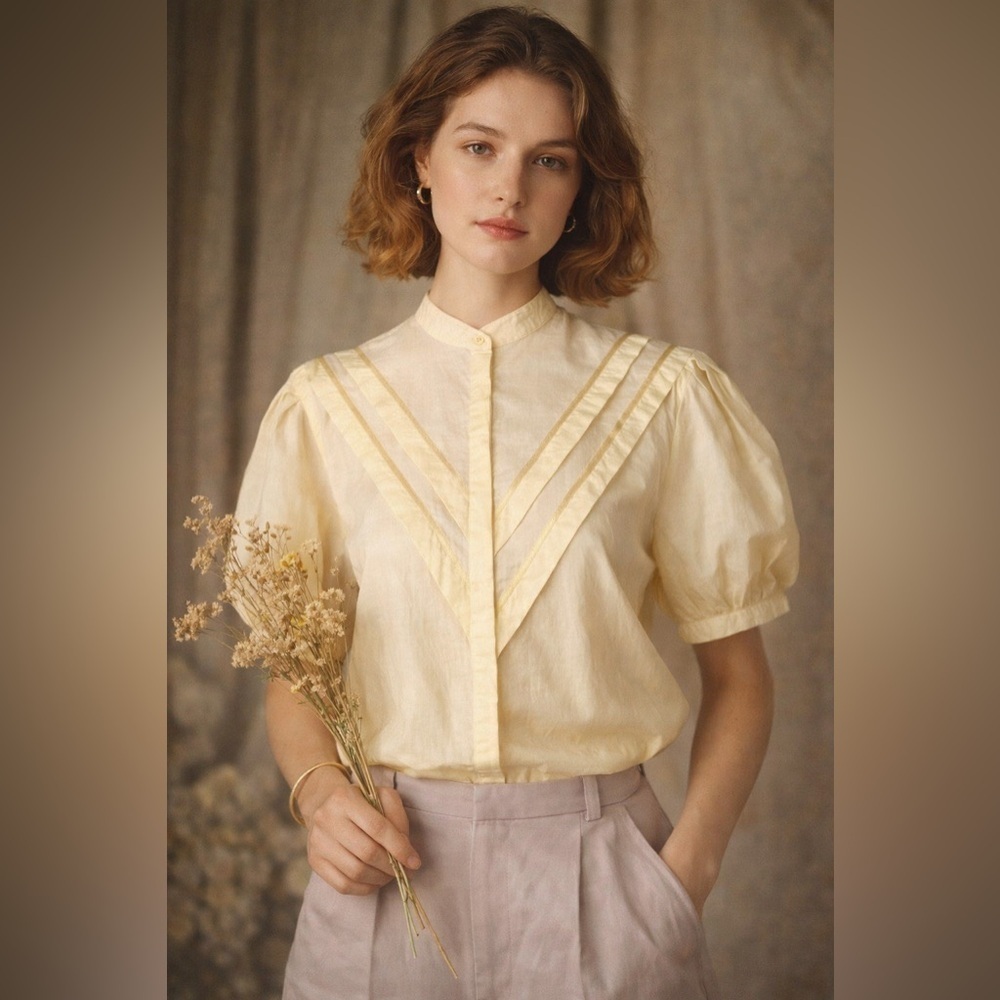 Cacharel Paris Vintage 1970s Puff Sleeve Blouse Sz S Pale Butter Yellow Cotton